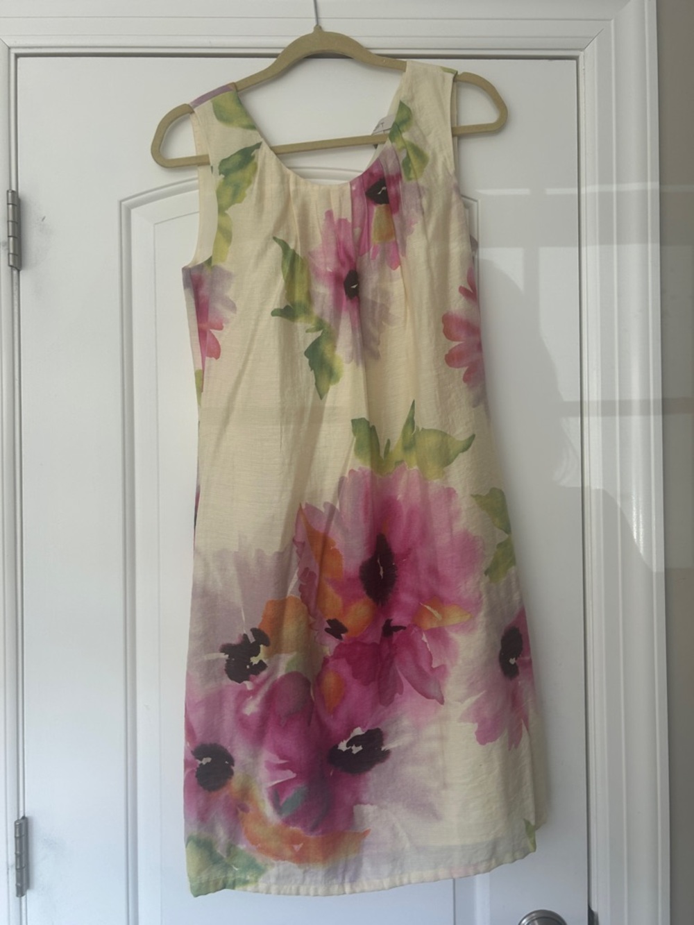 LOFT Cream Midi Dress with Pink Floral Watercolor Print